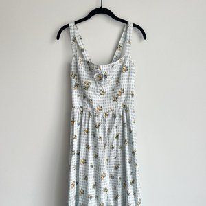 Reformation Linen Plaid Blue Floral Midi Dress Size 8